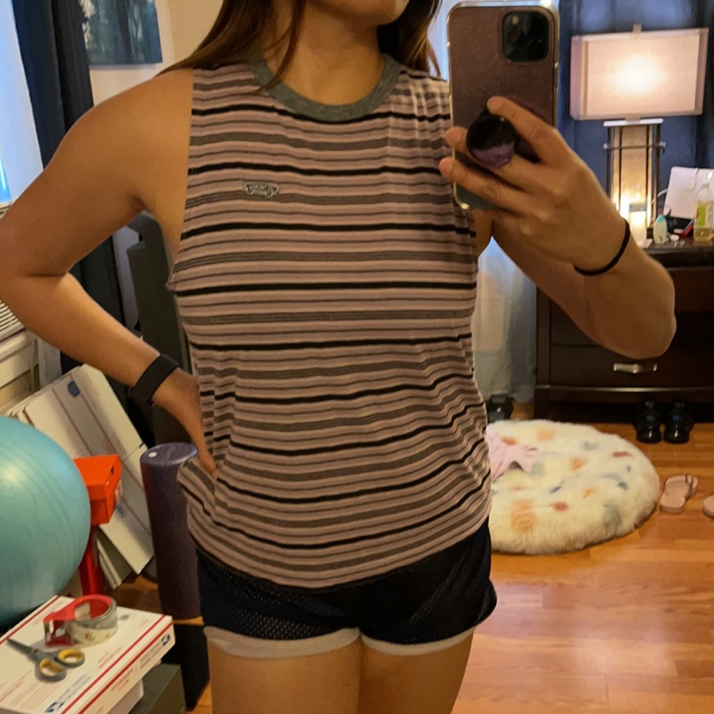 Vans Striped Sleeveless Tank Top in Mauve and Olive Trim
